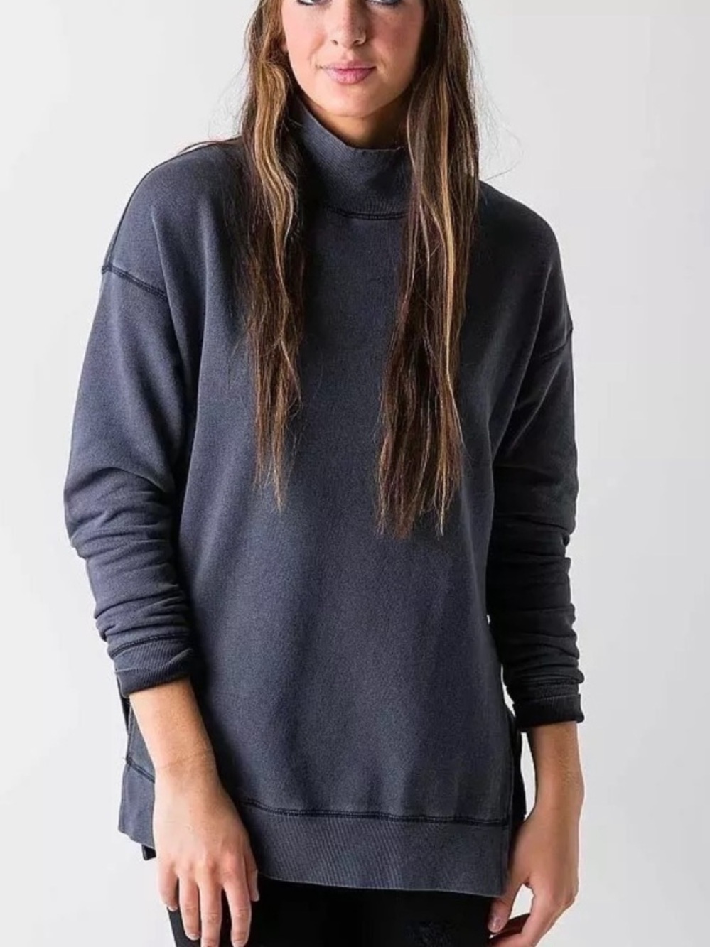 Free People Charcoal Mock neck Pullover Side Slit Sweater